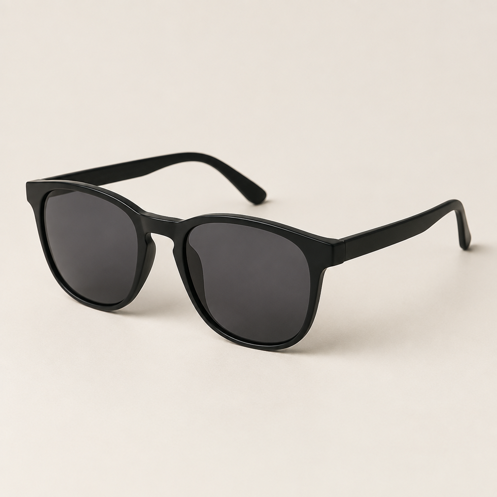 Lentes de sol negros sobre fondo beige de estudio