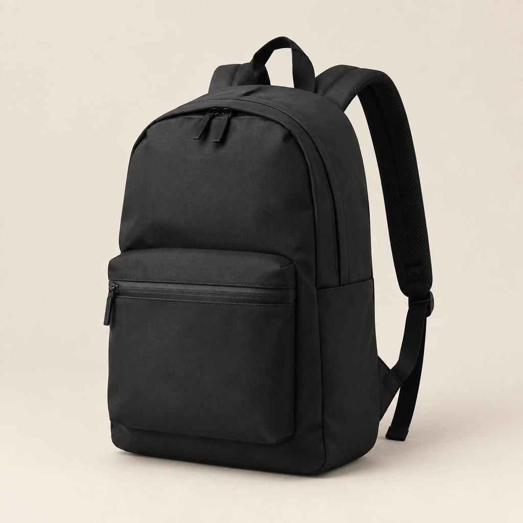 Mochila urbana negra sobre fondo beige de estudio