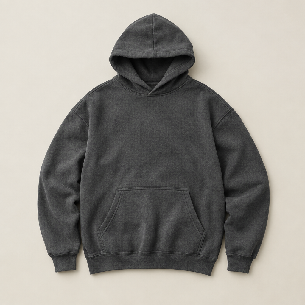 Sudadera premium unisex gris carbón sobre fondo beige claro