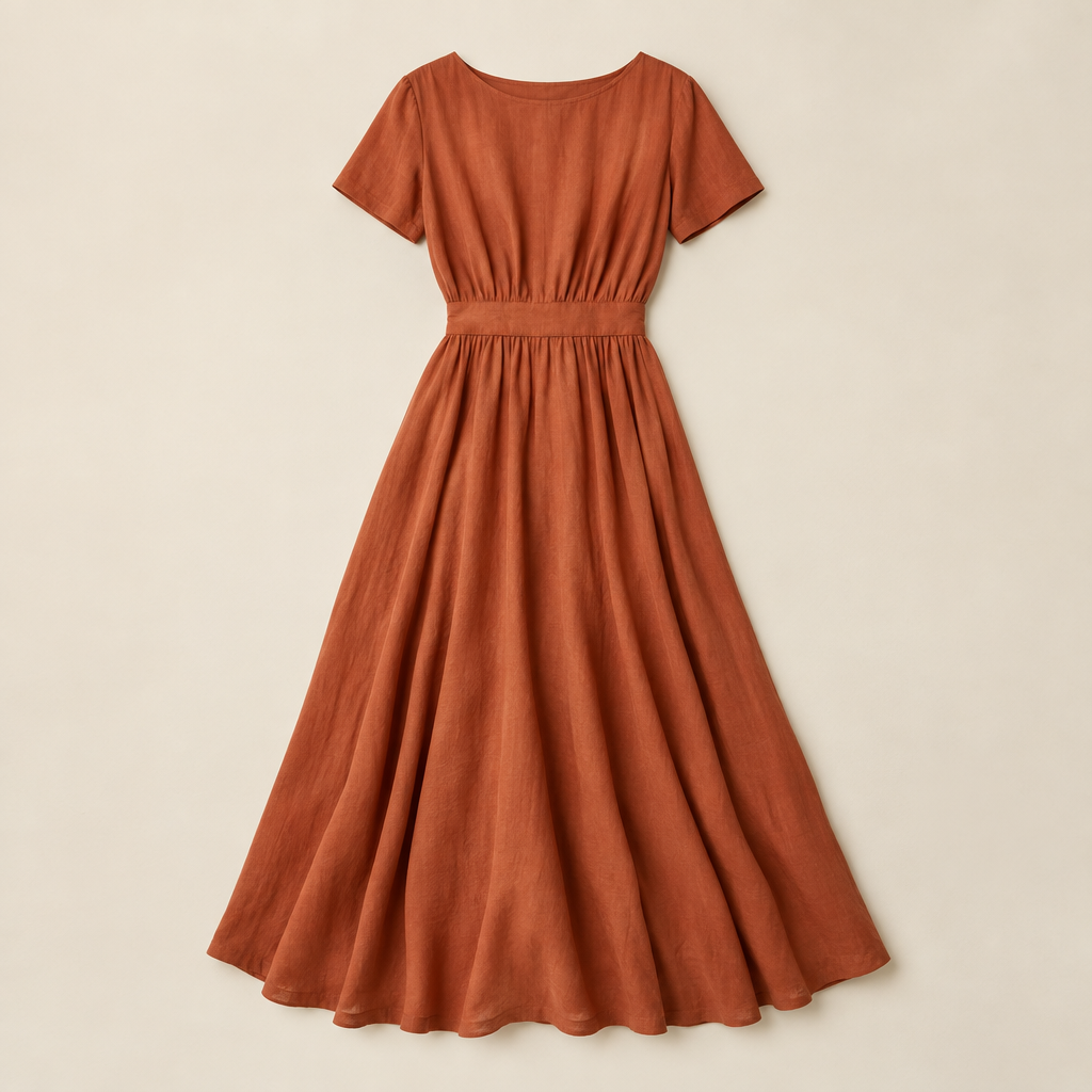 Vestido midi terracota sobre fondo beige de estudio