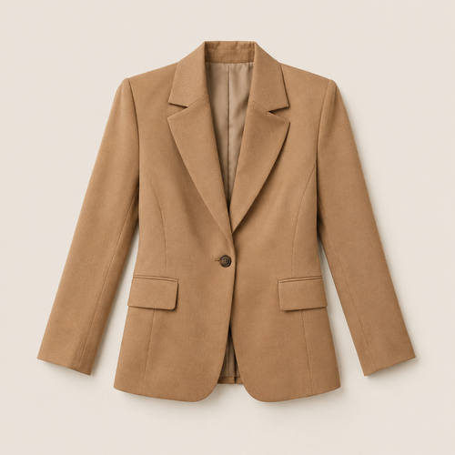 Blazer estructurado color camel sobre fondo beige de estudio