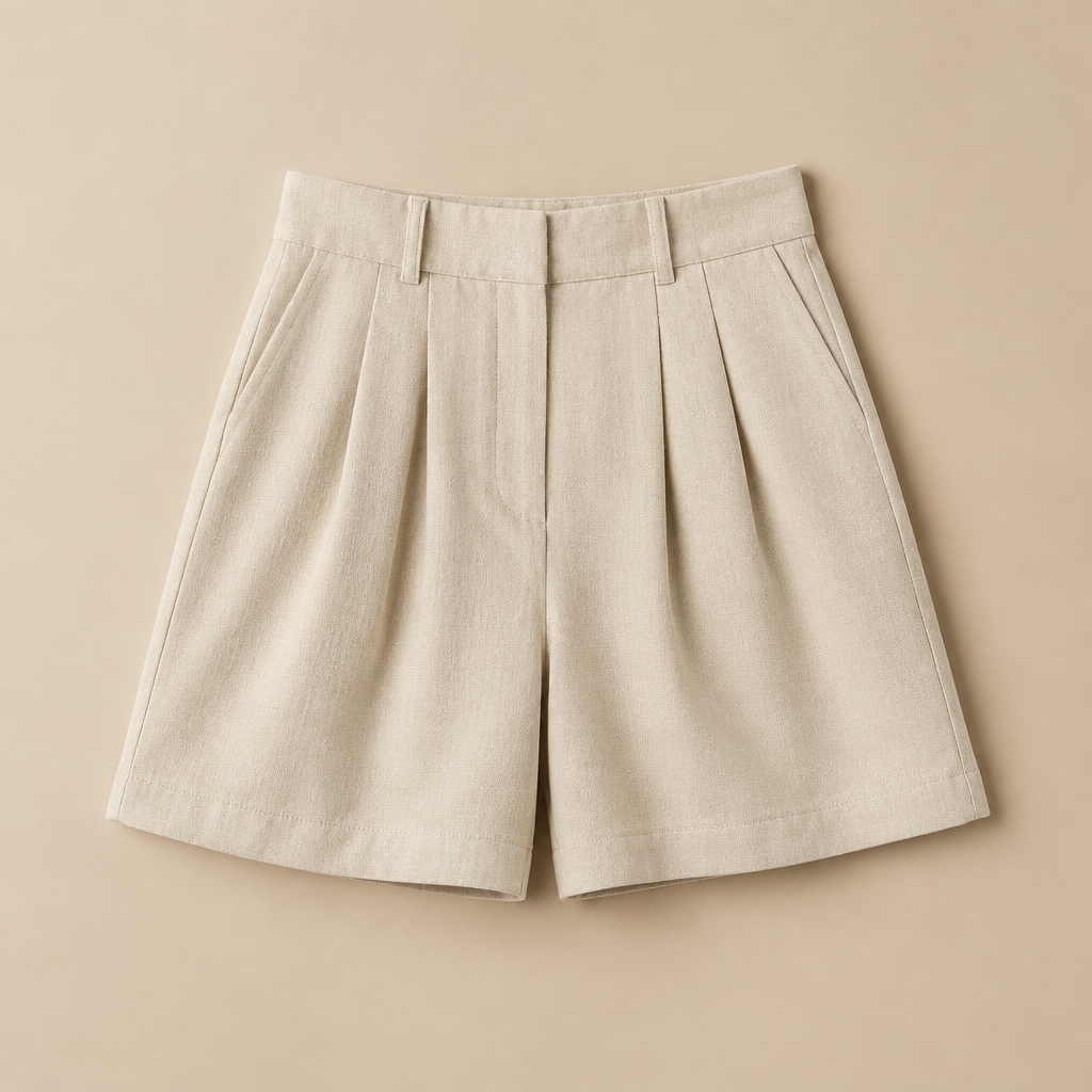 Shorts de sastrería color piedra sobre fondo beige de estudio