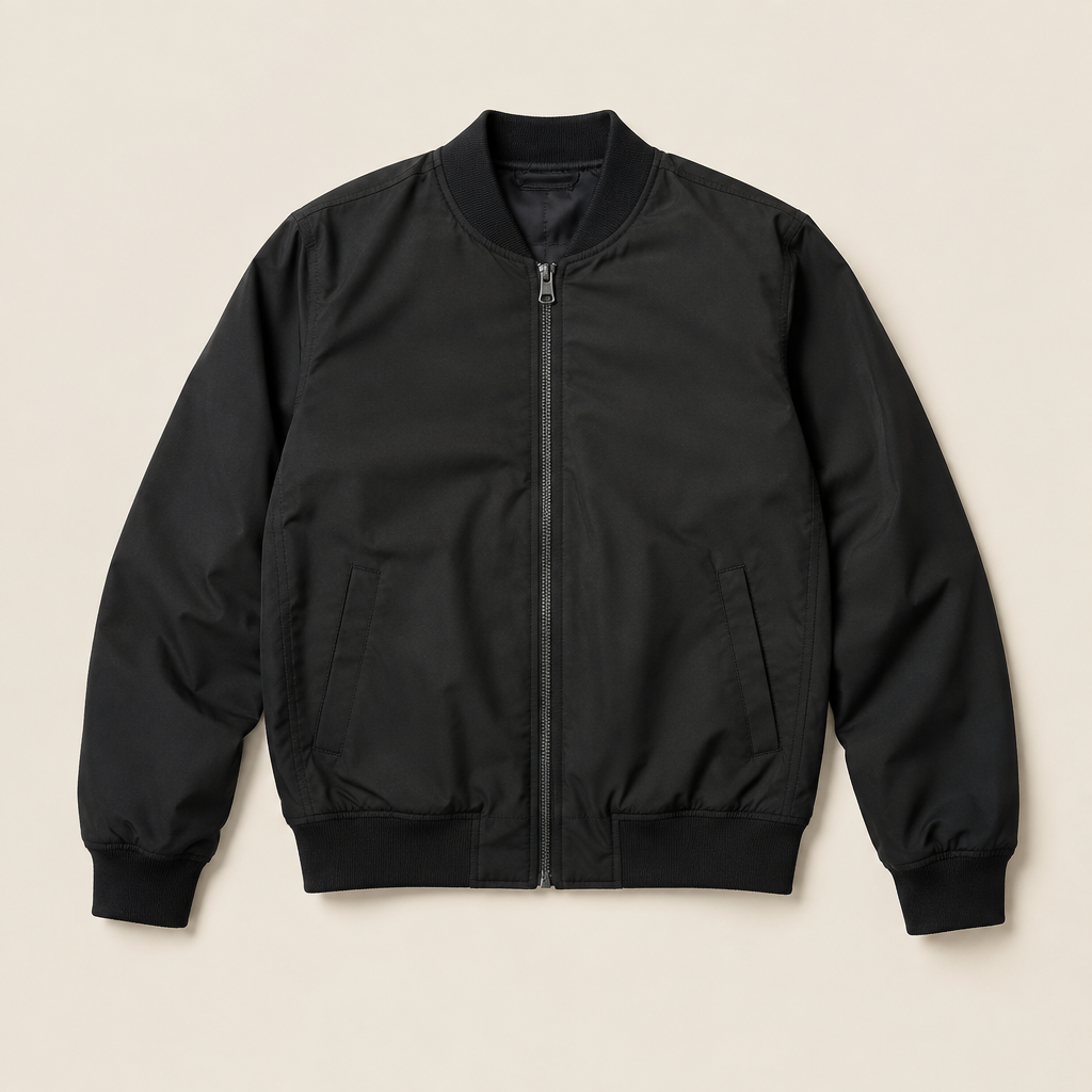 Chamarra bomber negra sobre fondo beige de estudio