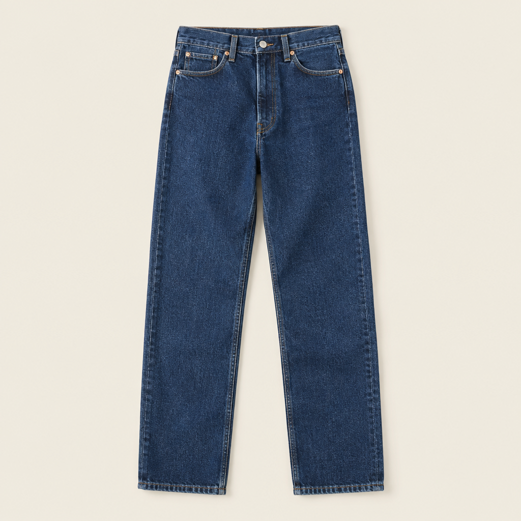 Jeans rectos de mezclilla índigo sobre fondo beige de estudio