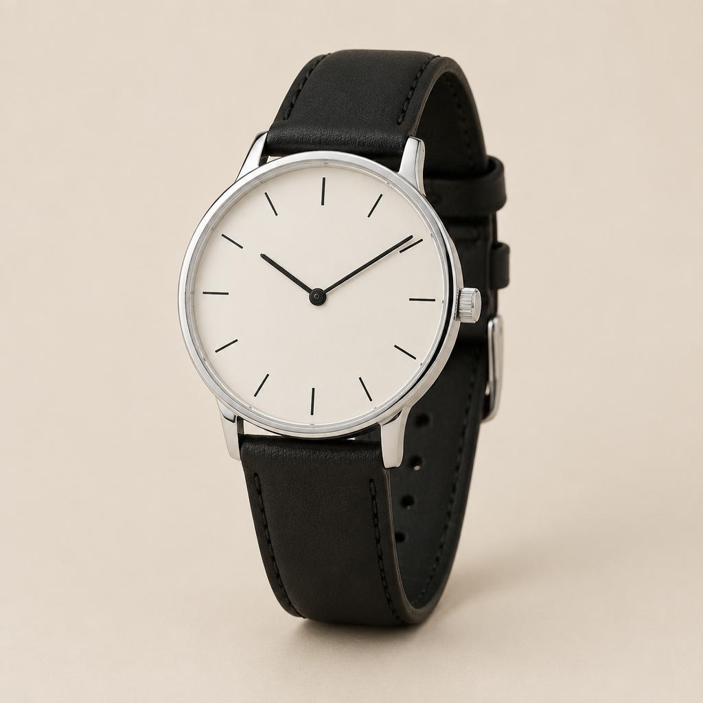 Reloj minimalista con esfera clara y correa negra sobre fondo beige