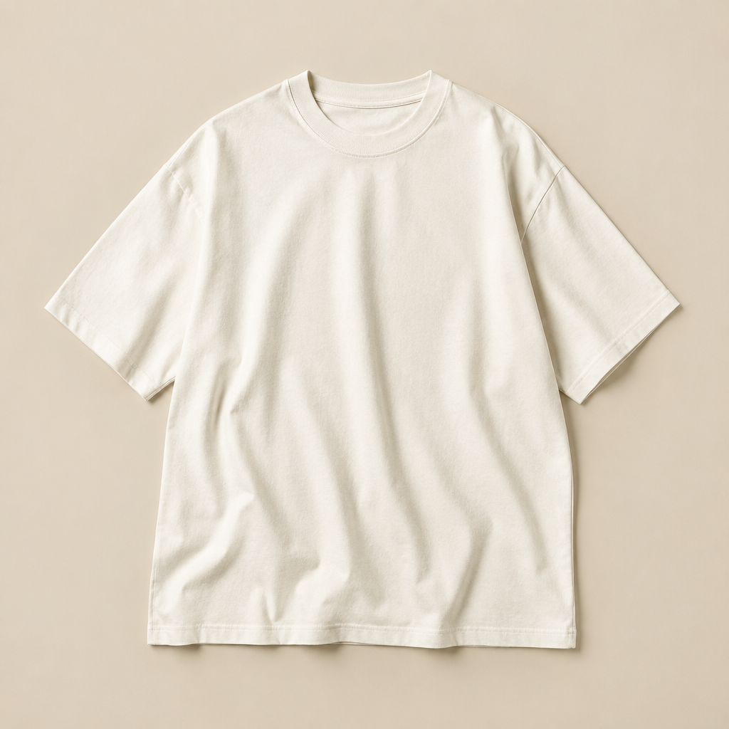 Playera oversize unisex color marfil sobre fondo beige claro
