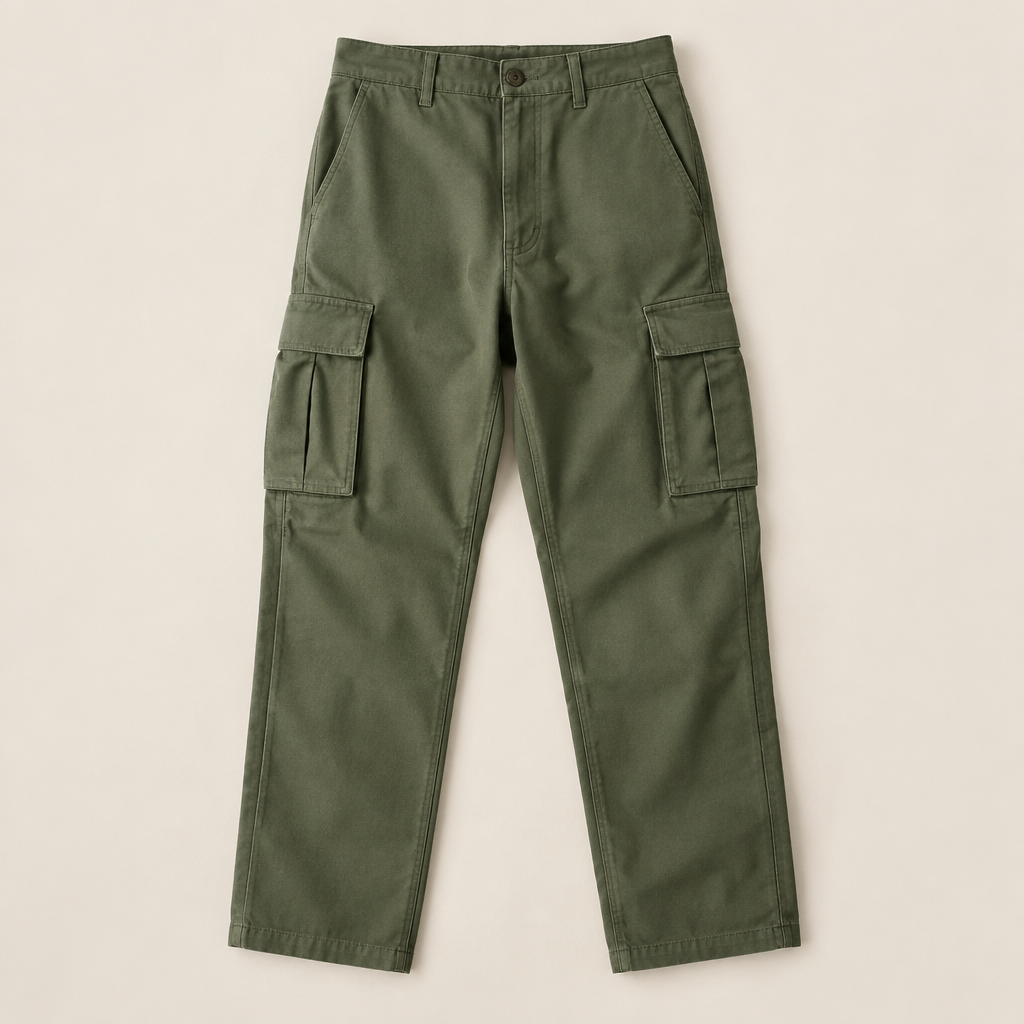 Pantalón cargo verde oliva sobre fondo beige de estudio